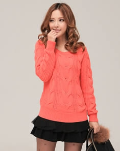 橙红色织花百搭长袖毛衣 - 毛衣\/女士上衣\/女装