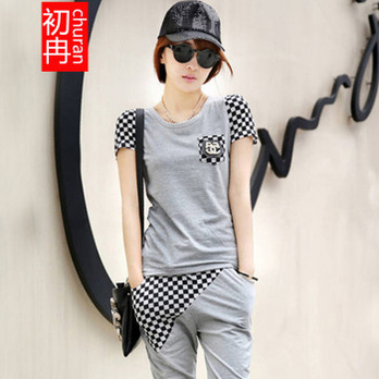 初冉 2014夏装新款格子拼接韩版时尚短袖运动