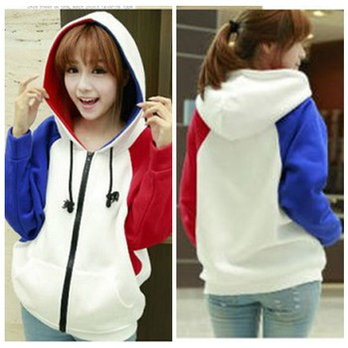 F韩版<em>开衫连帽加厚</em>宽松纯撞色<em>女卫衣</em>外套 白色