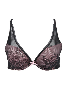 13Q4ELLE镂空刺绣性感深V<em>文胸</em>1WF118黑色