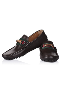 古驰 巧克力色 牛皮 经典竹节马鞍口设计 男士平