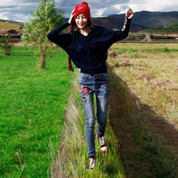 裂帛正品 2013秋冬 水洗绣花中腰牛仔裤 直筒裤