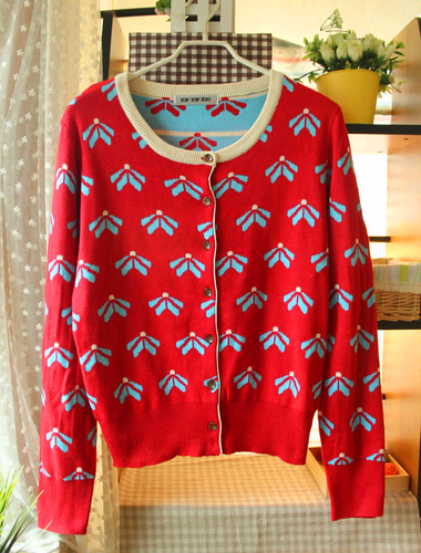 日系甜美可爱满满树叶图案<em>双面针织</em>长袖<em>毛衣</em>针