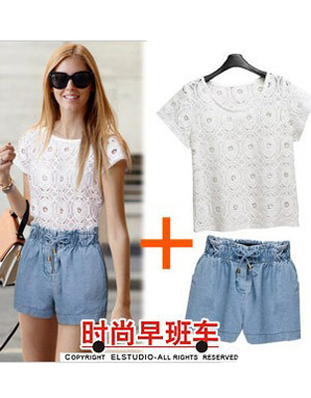 勾花镂空蕾丝T恤+松紧腰宽裤腿<em>牛仔短裤</em> - 商品