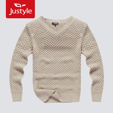 迷情都市 时尚纹理<em>编织</em>男士<em>心形领</em>长袖套头毛