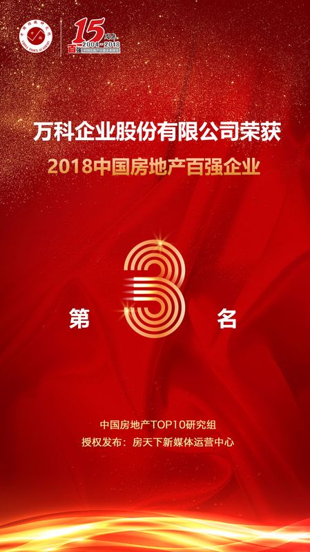 喜报:万科荣获\＂2018中国房地产百强企业\＂ 第3名