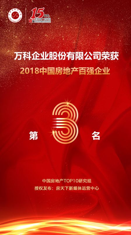 喜报:万科荣获\"2018中国房地产百强企业\" 第3名
