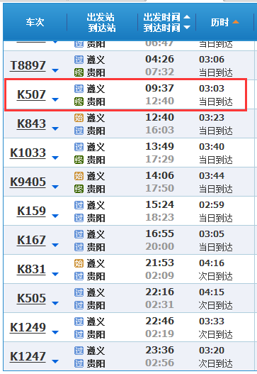 列车时刻表k 507遵义到贵阳多少时间_360问答