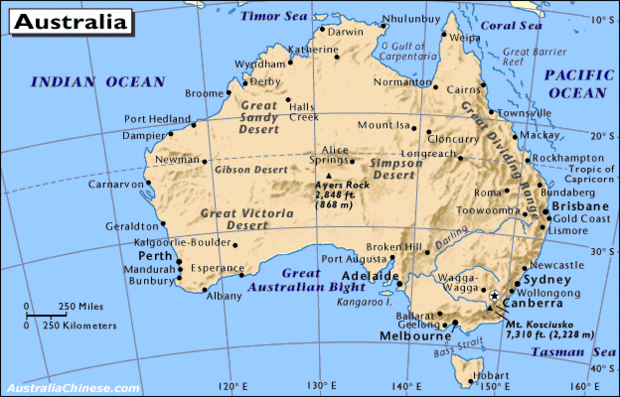 澳大利亚地图,有什么山脉啊,城市啊标出来的