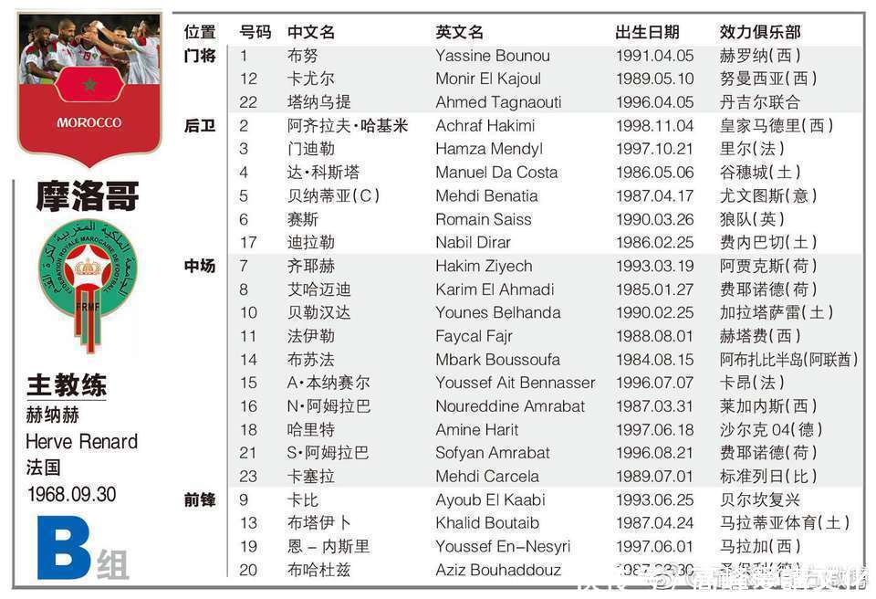 2018世界杯 B组国家队球员名单及所属俱乐部