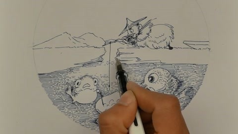 钢笔画：冰河独钓