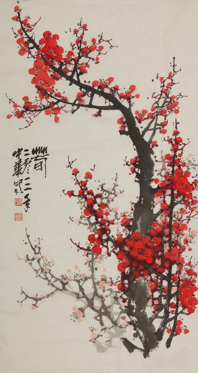 李中華三尺豎幅花鳥作品《梅花》